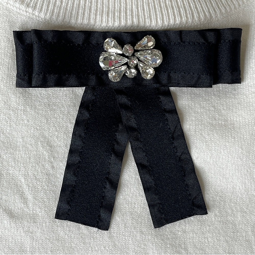 CeCe Crystal Bow Front Ruffle Cuff Sweater Top White Black Coquette Casual M - Picture 5 of 15